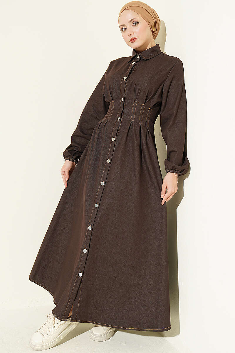 Button-Front Pleated Dress Dark Brown