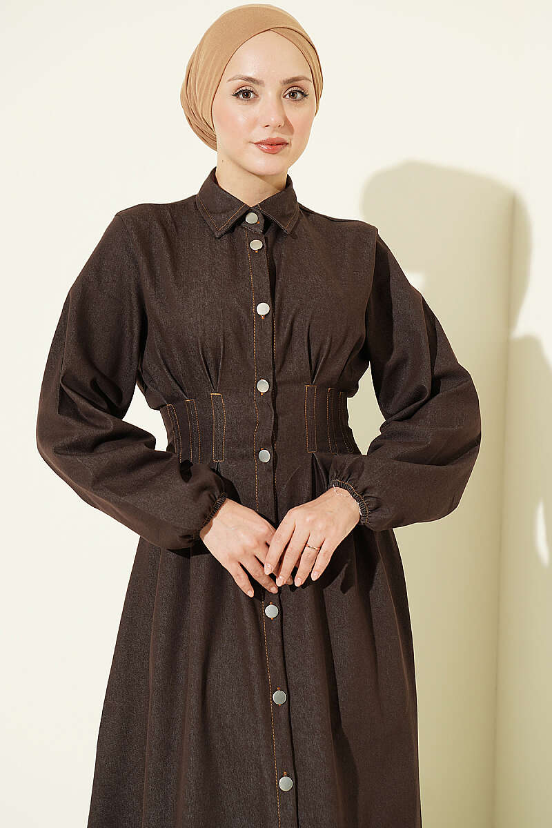 Button-Front Pleated Dress Dark Brown - Imagen 2