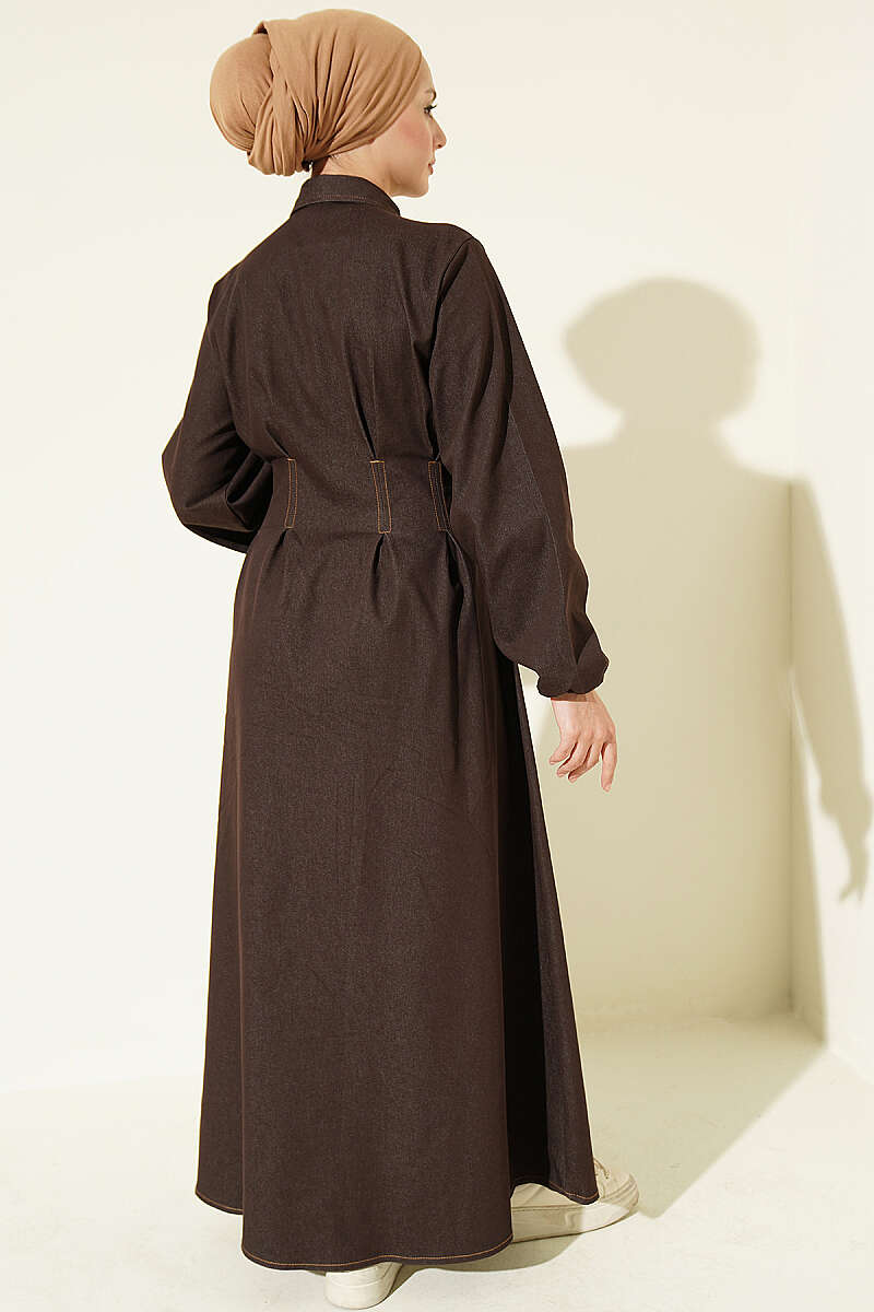 Button-Front Pleated Dress Dark Brown - Imagen 3