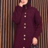 Full-Length Gold Buttoned Modest Knit Cardigan Burgundy – Image 2