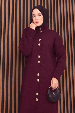 Alternative view of Full-Length Gold Buttoned Modest Knit Cardigan Burgundy