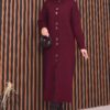 Full-Length Gold Buttoned Modest Knit Cardigan Burgundy – Image 3