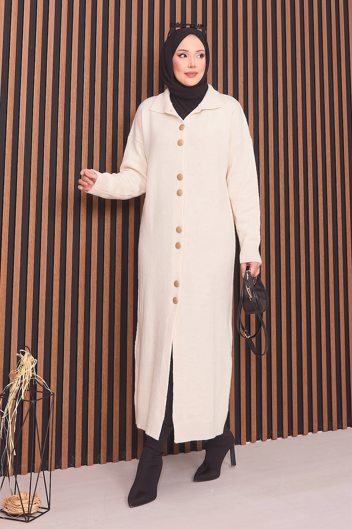 Full-Length Gold Buttoned Modest Knit Cardigan Ecru