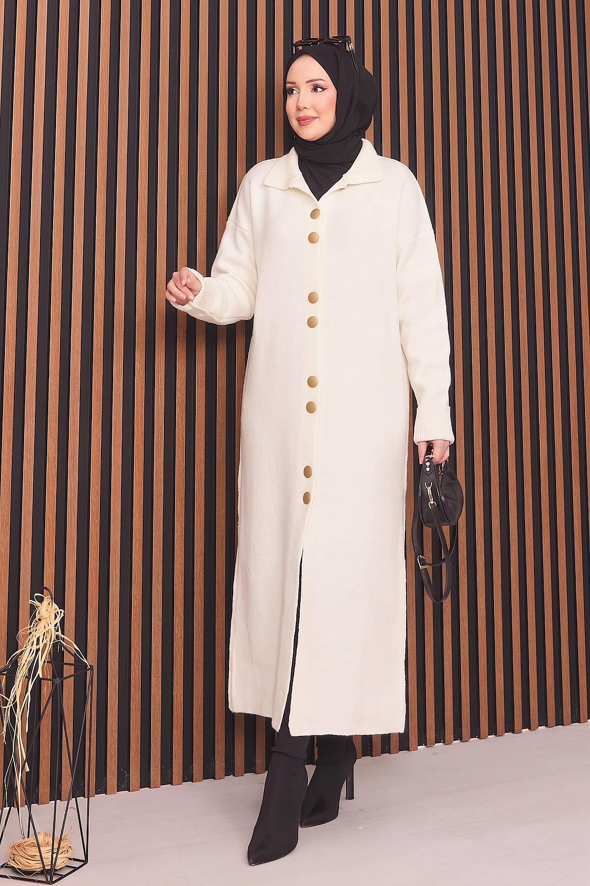 Full-Length Gold Buttoned Modest Knit Cardigan Ecru – Image 3