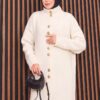 Full-Length Gold Buttoned Modest Knit Cardigan Ecru – Image 2
