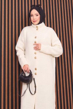 Alternative view of Full-Length Gold Buttoned Modest Knit Cardigan Ecru