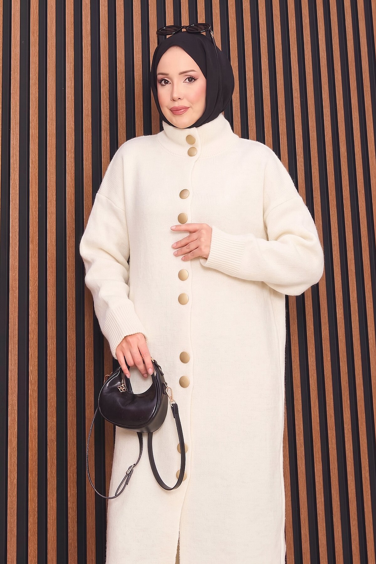 Full-Length Gold Buttoned Modest Knit Cardigan Ecru – Image 2