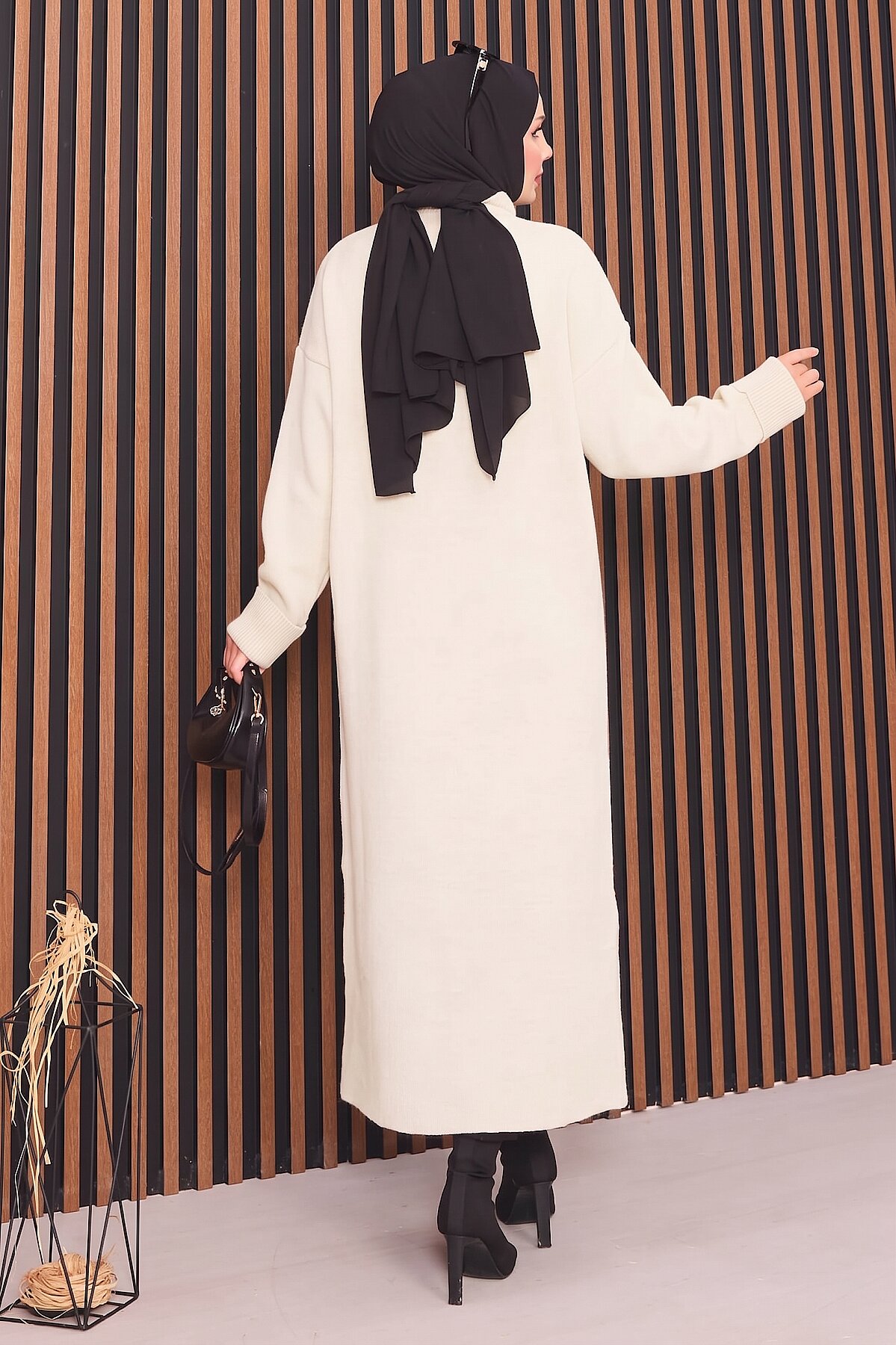 Full-Length Gold Buttoned Modest Knit Cardigan Ecru – Image 4
