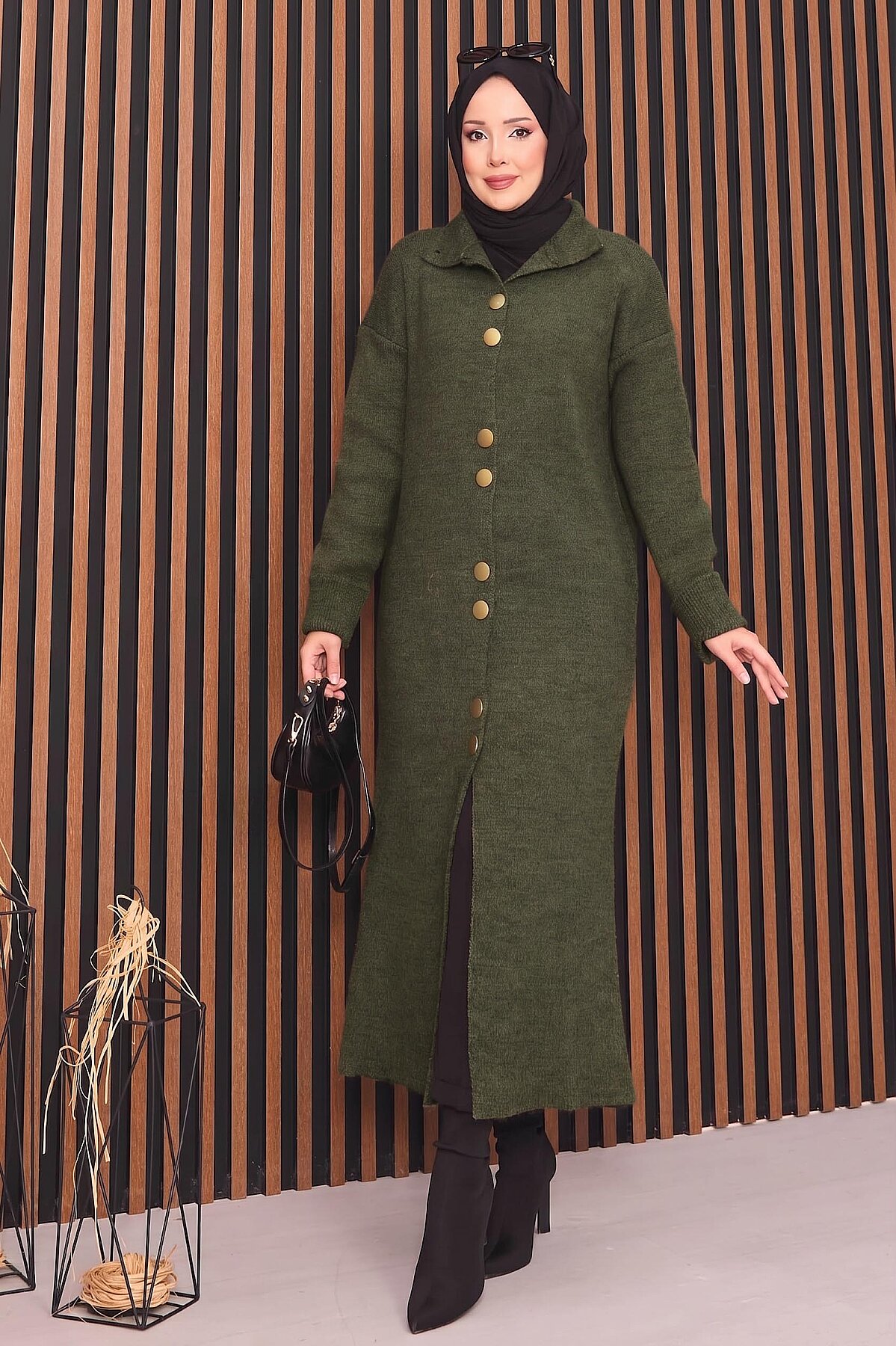 Full-Length Gold Buttoned Modest Knit Cardigan Khaki - Imagen 3