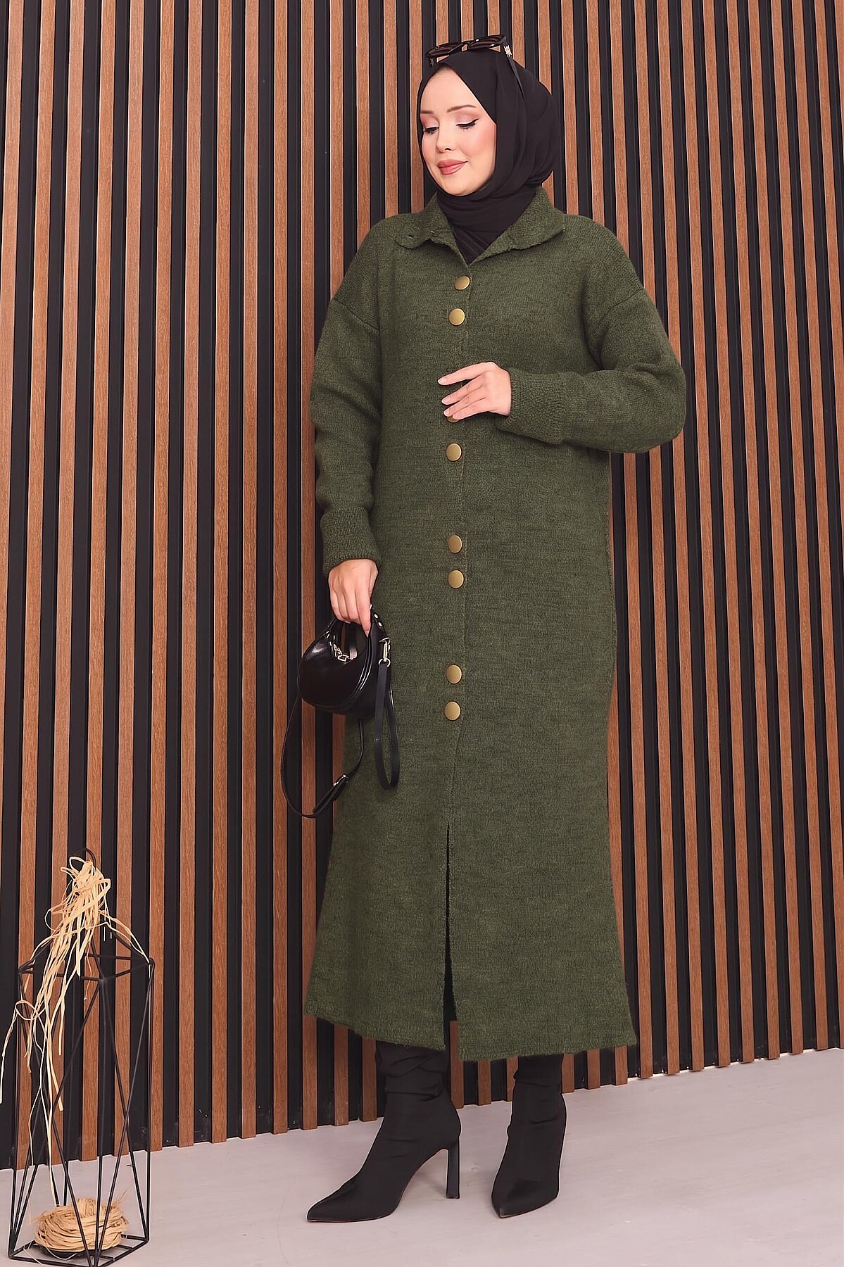 Full-Length Gold Buttoned Modest Knit Cardigan Khaki