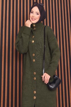 Alternative view of Full-Length Gold Buttoned Modest Knit Cardigan Khaki