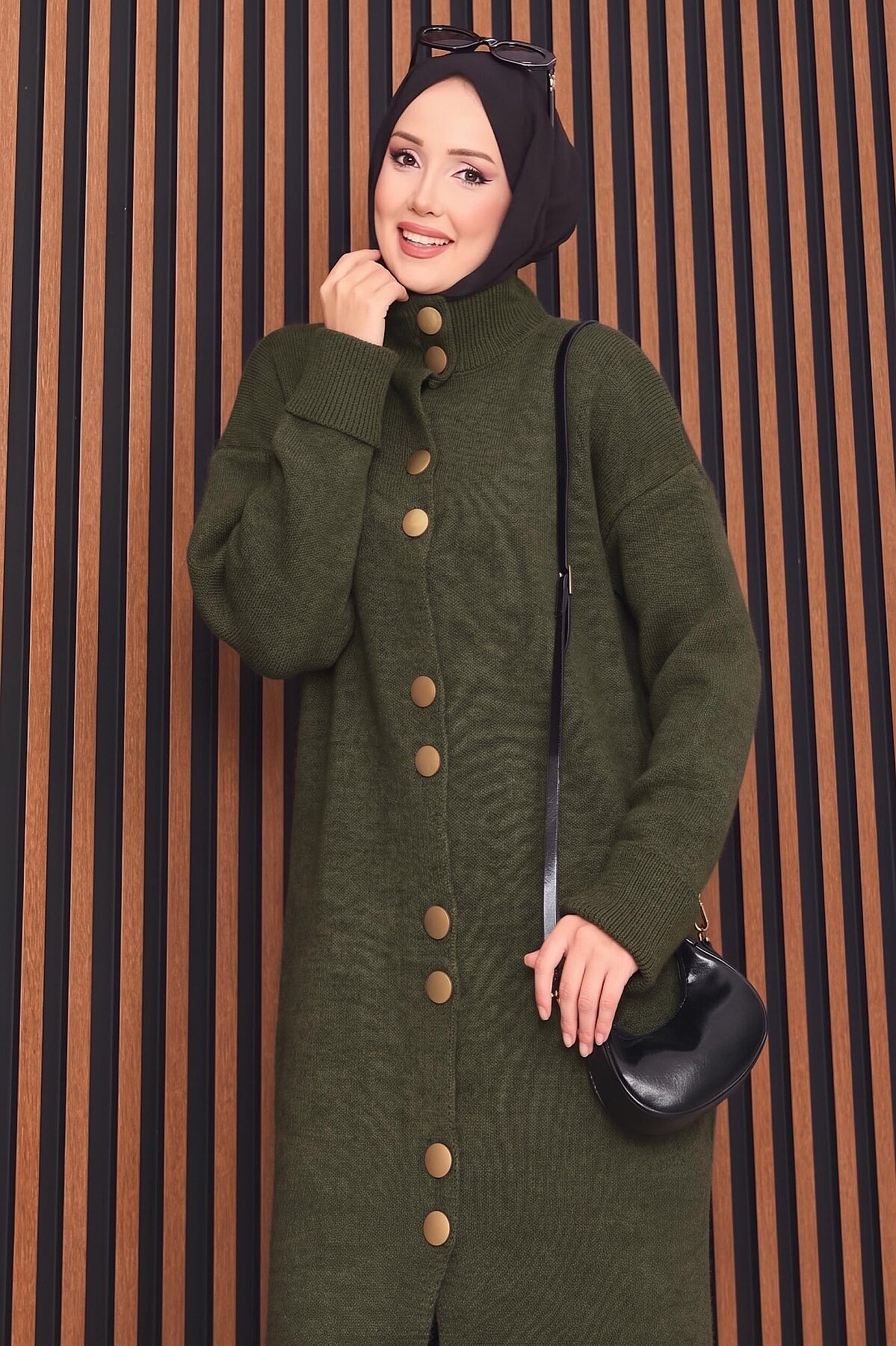 Full-Length Gold Buttoned Modest Knit Cardigan Khaki - Imagen 2