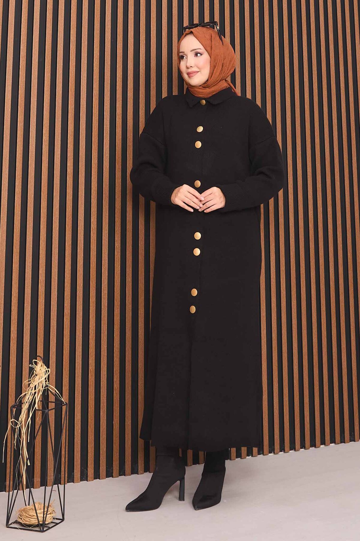 Full-Length Gold Buttoned Modest Knit Cardigan Black – Image 3