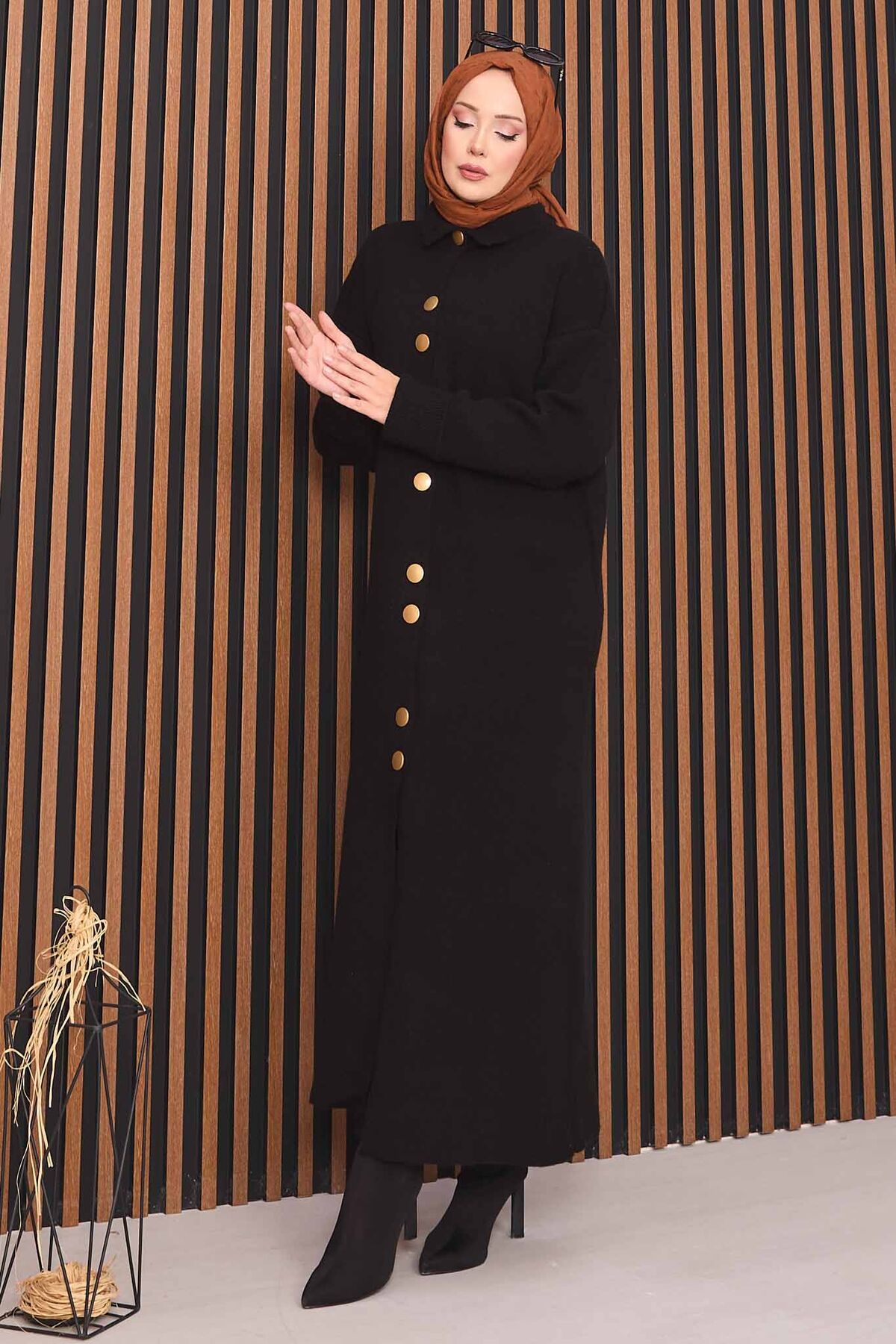 Full-Length Gold Buttoned Modest Knit Cardigan Black