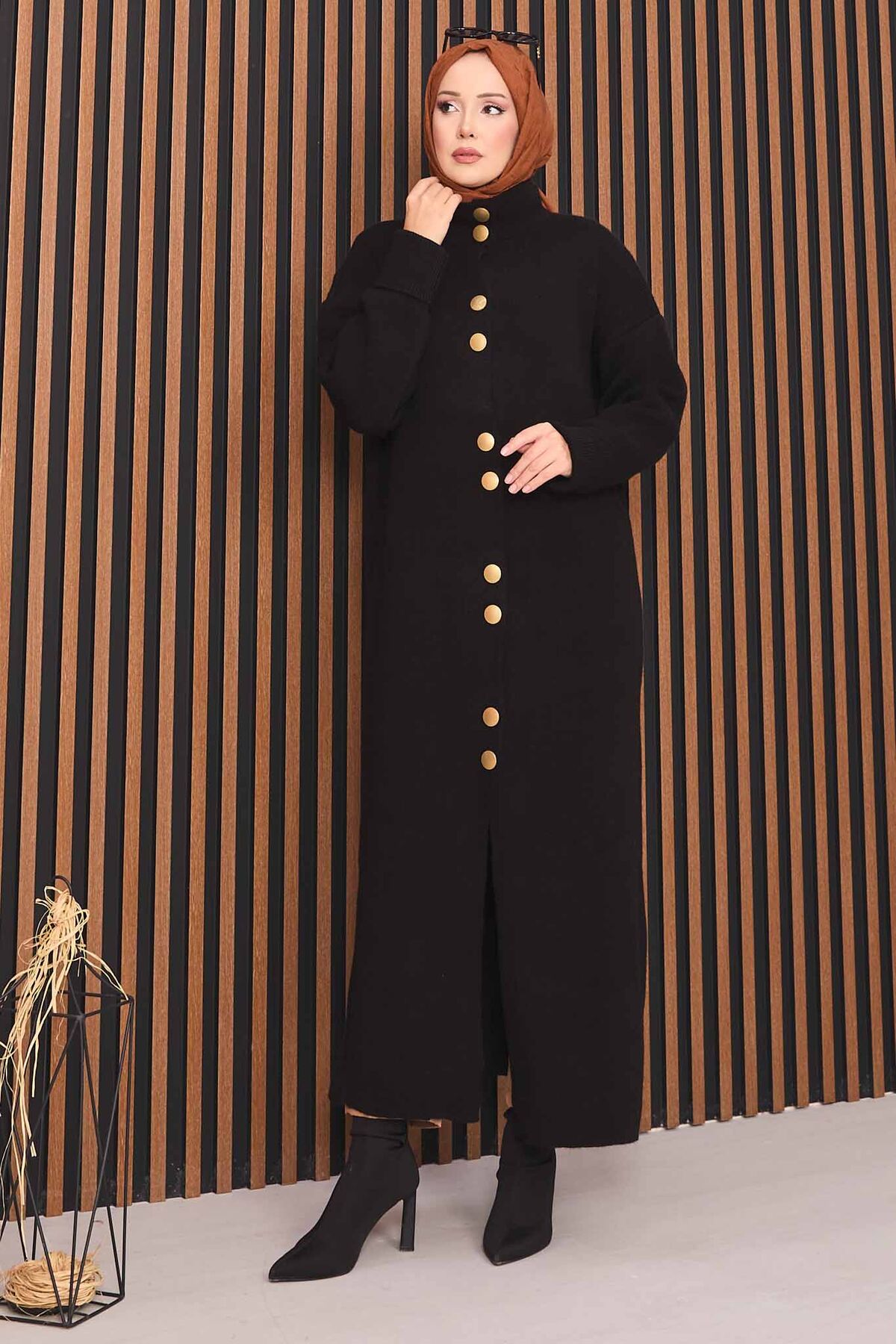 Full-Length Gold Buttoned Modest Knit Cardigan Black – Image 4