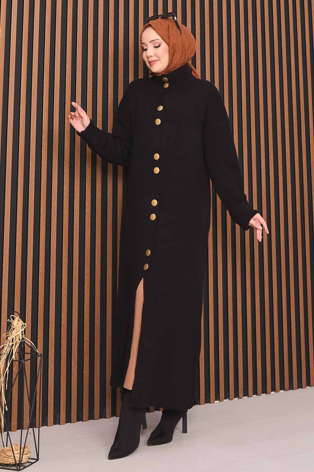 Full-Length Gold Buttoned Modest Knit Cardigan Black – Image 5