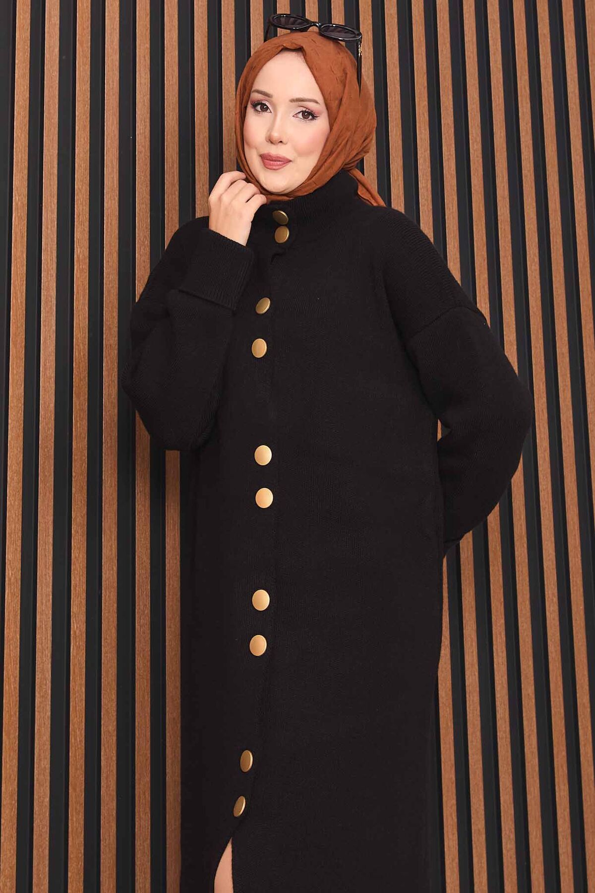 Full-Length Gold Buttoned Modest Knit Cardigan Black – Image 6