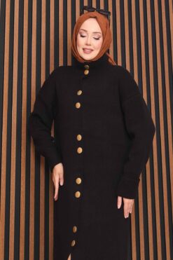 Alternative view of Full-Length Gold Buttoned Modest Knit Cardigan Black