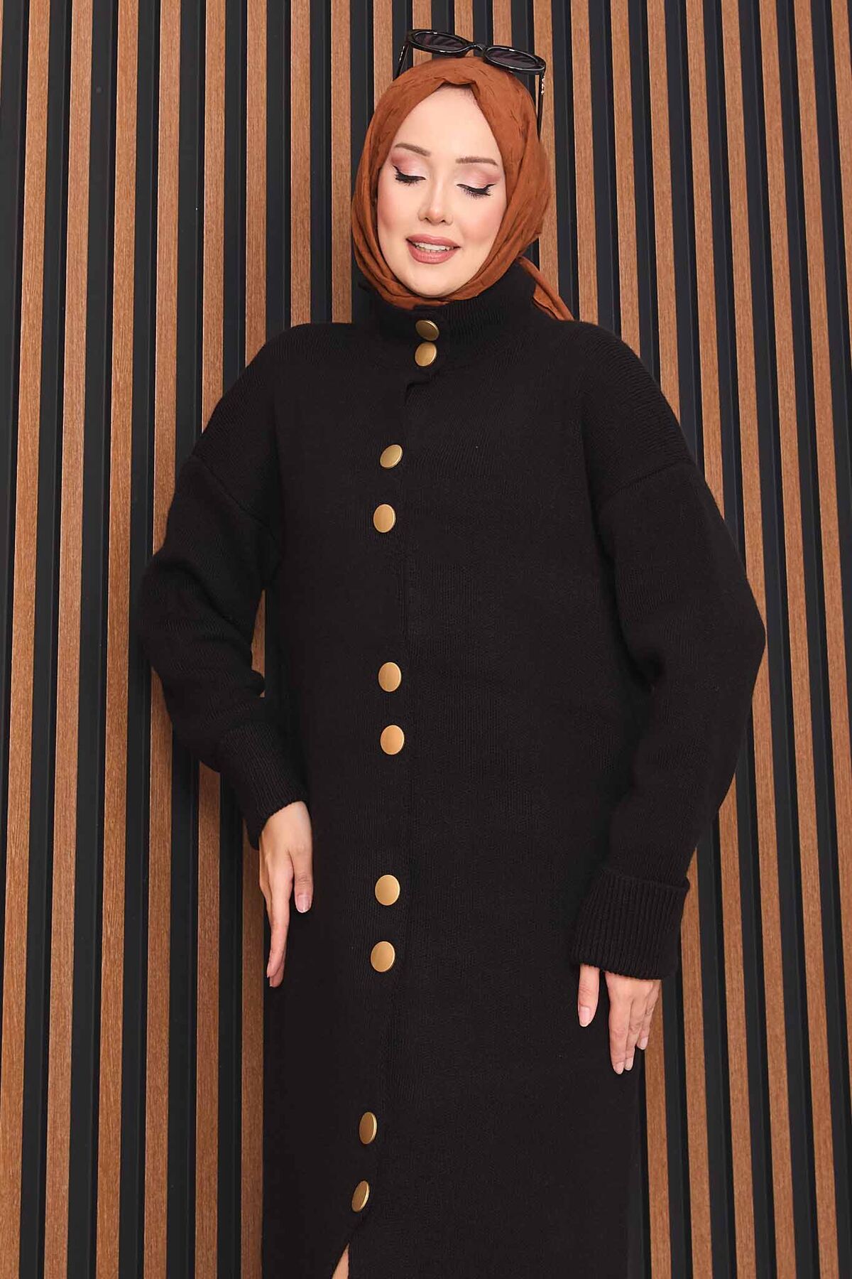 Full-Length Gold Buttoned Modest Knit Cardigan Black – Image 2