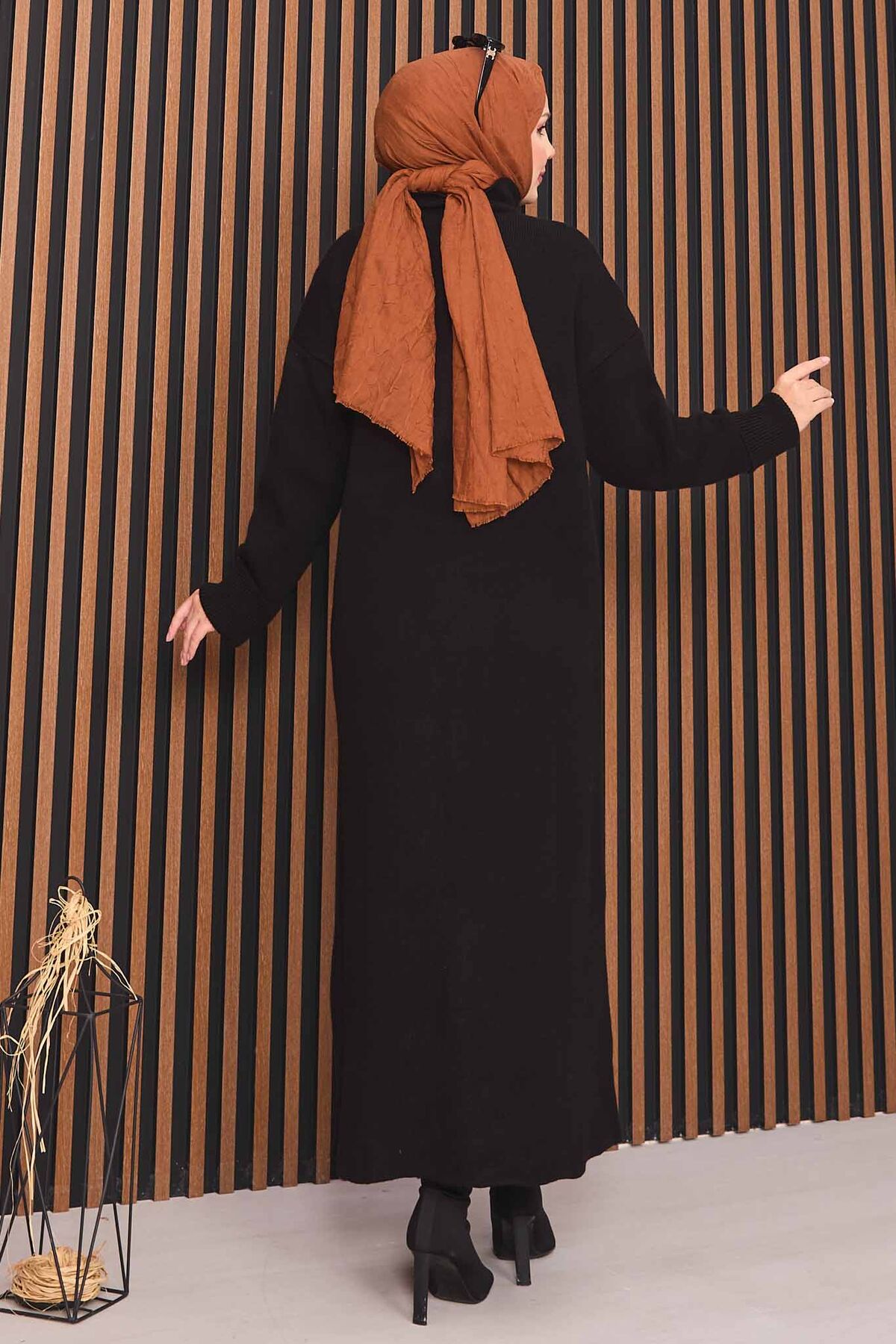 Full-Length Gold Buttoned Modest Knit Cardigan Black – Image 7
