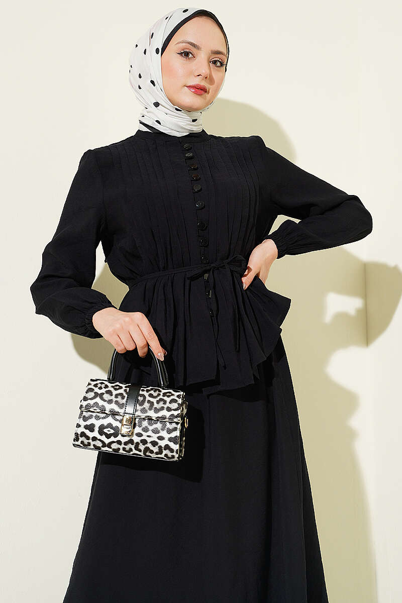 Brit Buttoned Pleated Skirt Set Black - Afbeelding 2