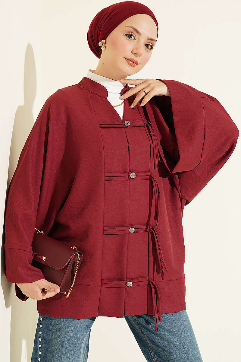 Britain-Style Button-Down Batwing Sleeve Shirt Burgundy