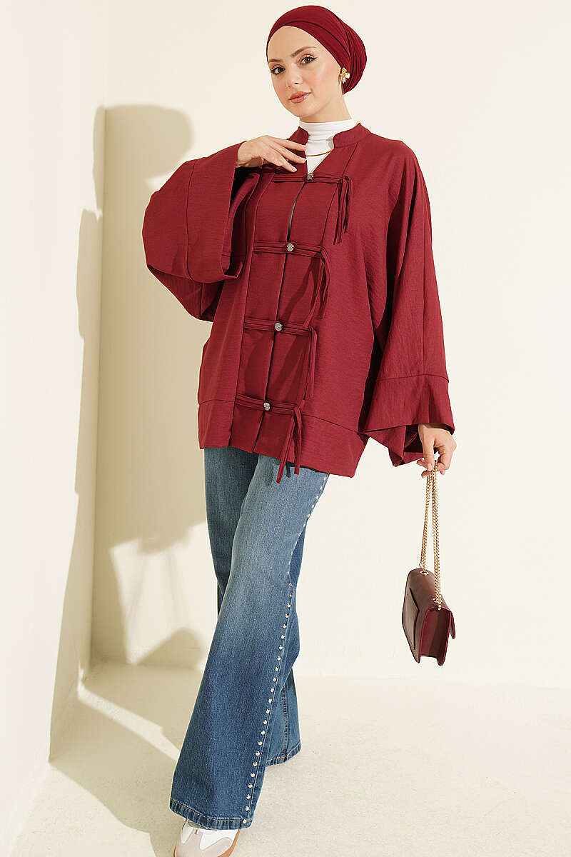 Britain-Style Button-Down Batwing Sleeve Shirt Burgundy – Bild 2