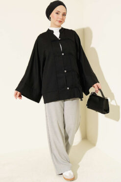 Alternative view of Britain-Style Button-Down Batwing Sleeve Shirt Black