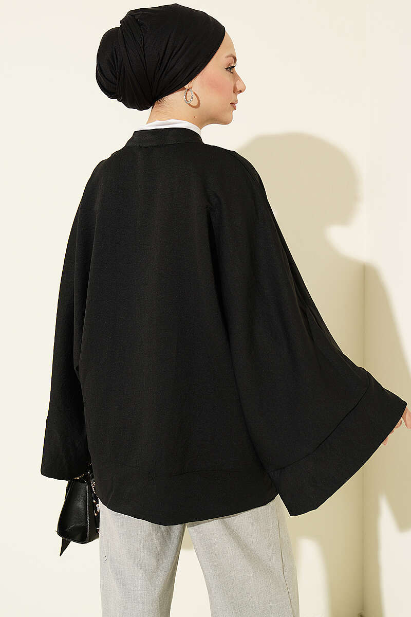 Britain-Style Button-Down Batwing Sleeve Shirt Black – Image 3