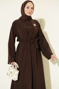 Alternative view of Brooch-Embellished Abaya Two-Piece Set Brown