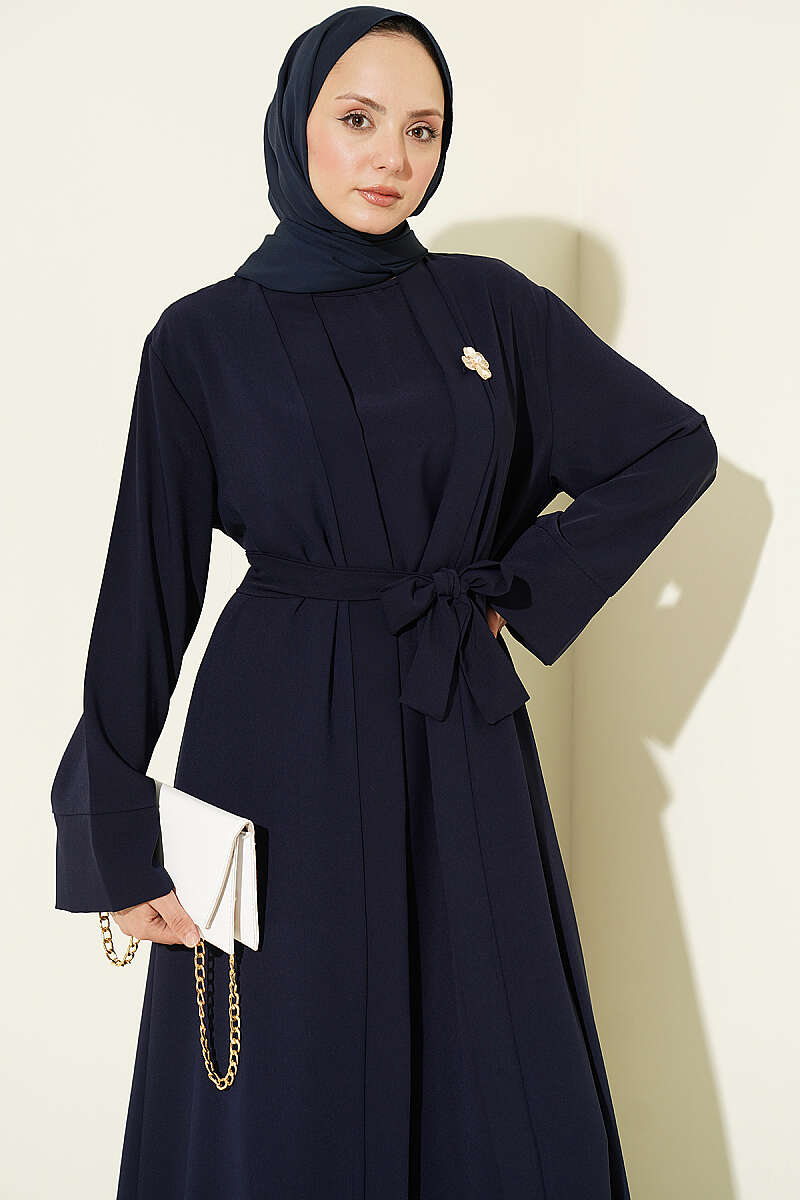 Brooch-Embellished Abaya Two-Piece Set Navy Blue – Image 2