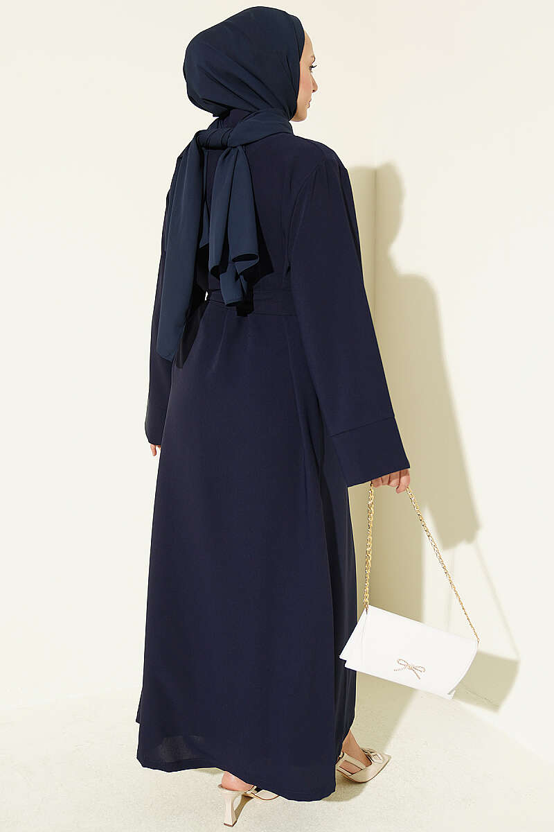 Brooch-Embellished Abaya Two-Piece Set Navy Blue – Image 3