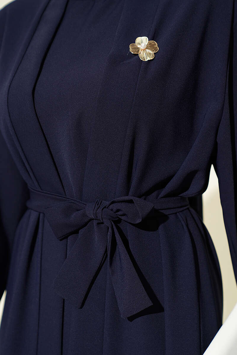 Brooch-Embellished Abaya Two-Piece Set Navy Blue – Image 4