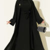 Brooch-Embellished Abaya Two-Piece Set Black