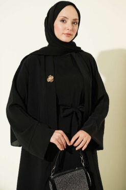 Alternative view of Brooch-Embellished Abaya Two-Piece Set Black
