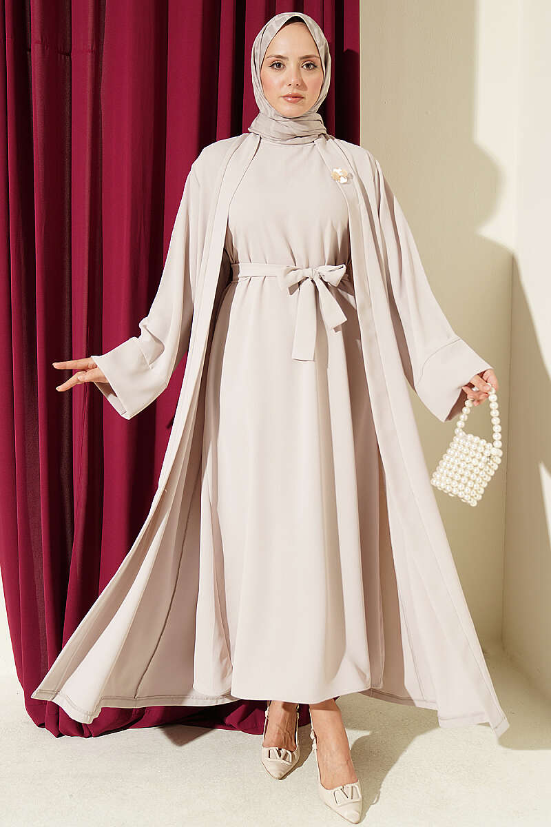 Brooch-Embellished Abaya Two-Piece Set Stone