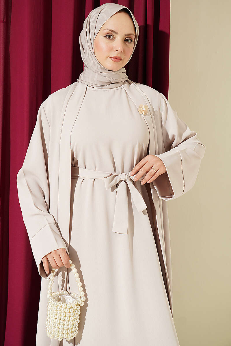 Brooch-Embellished Abaya Two-Piece Set Stone – Image 2
