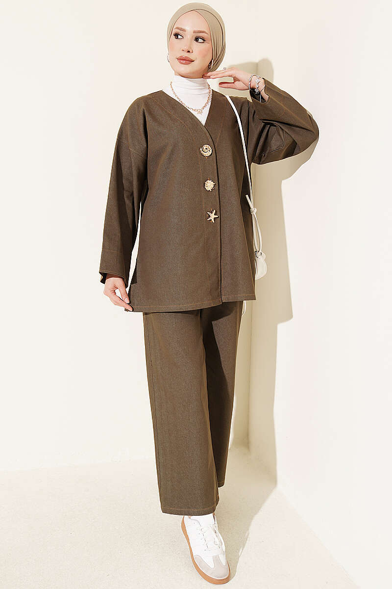 Brooch-Embellished Jacket and Two-Piece Set Khaki