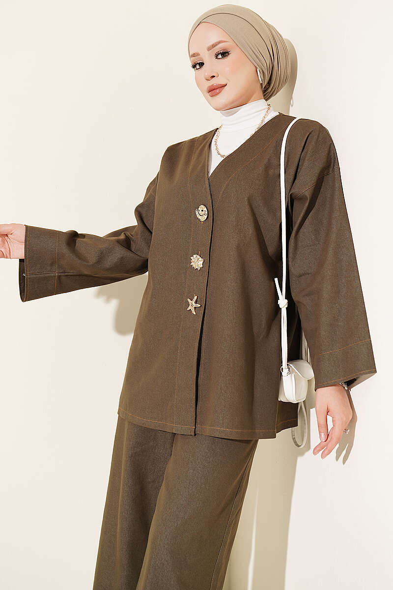 Brooch-Embellished Jacket and Two-Piece Set Khaki - Afbeelding 2