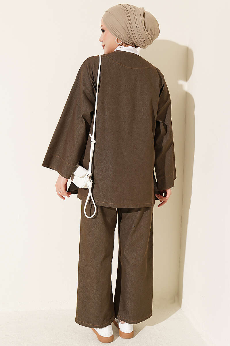 Brooch-Embellished Jacket and Two-Piece Set Khaki - Afbeelding 3