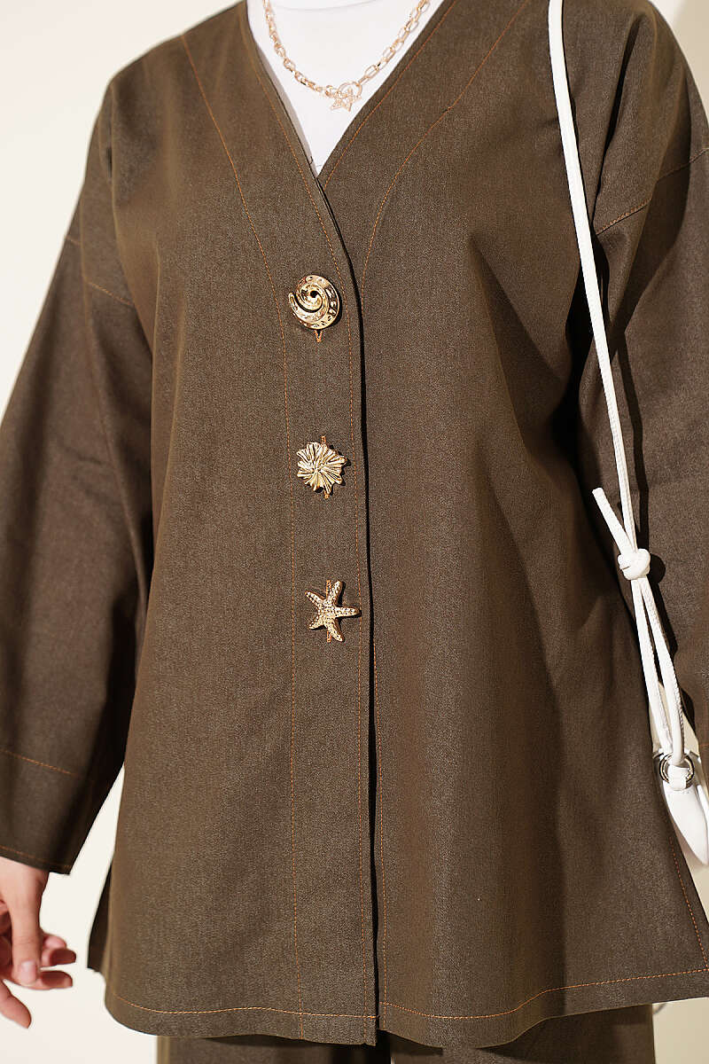 Brooch-Embellished Jacket and Two-Piece Set Khaki - Afbeelding 4