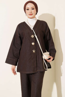 Alternative view of Brooch-Embellished Jacket and Two-Piece Set Brown