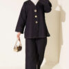 Brooch-Embellished Jacket and Two-Piece Set Navy Blue