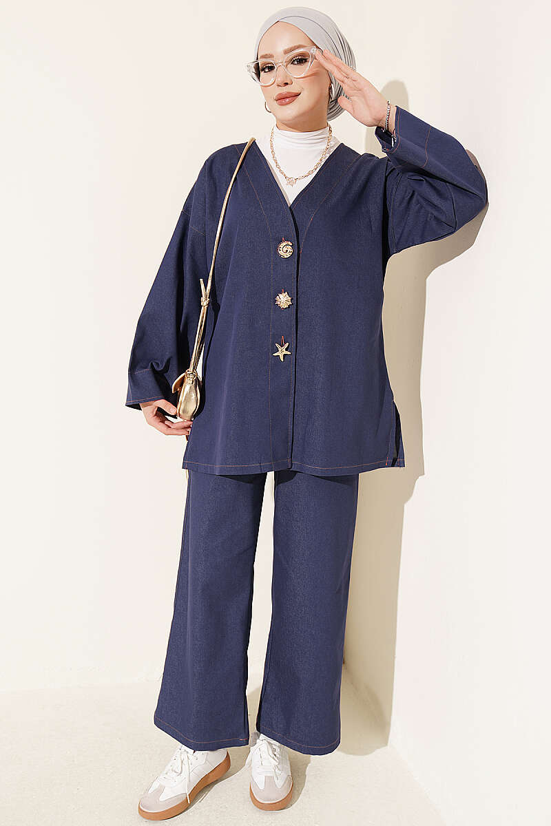 Brooch-Embellished Jacket and Two-Piece Set Blue