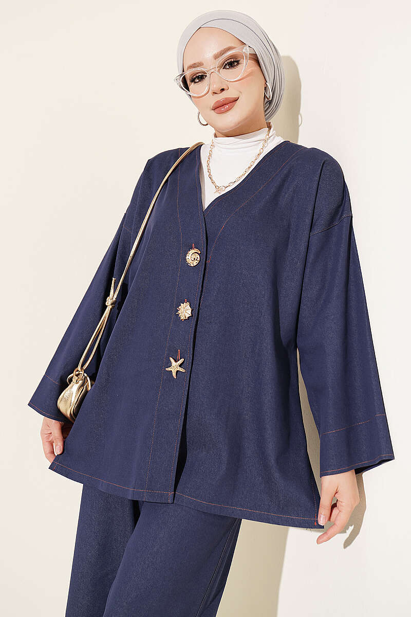 Brooch-Embellished Jacket and Two-Piece Set Blue - immagine 2