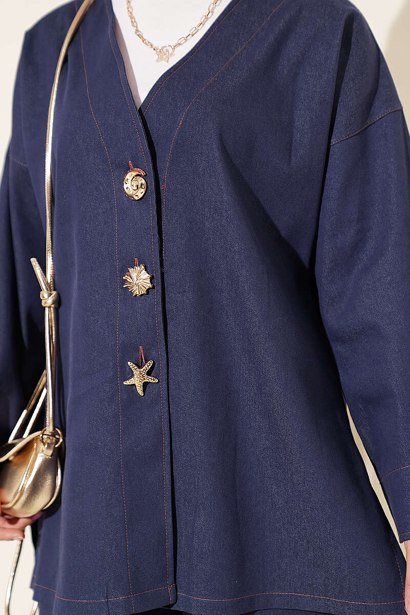 Brooch-Embellished Jacket and Two-Piece Set Blue - immagine 4