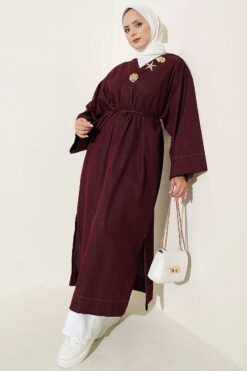 Long Coat with Brooch and Tie Closure Burgundy