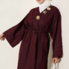 Long Coat with Brooch and Tie Closure Burgundy - Afbeelding 2