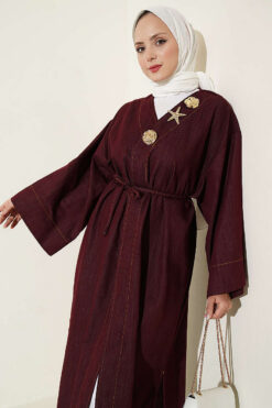 Alternative view of Long Coat with Brooch and Tie Closure Burgundy