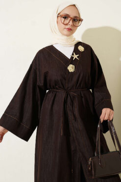 Alternative view of Long Coat with Brooch and Tie Closure Brown